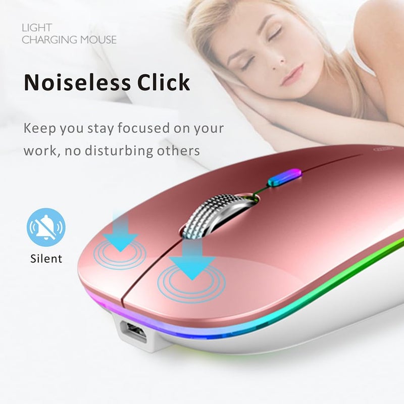 Uiosmuph LED Wireless Mouse, G12 Slim Rechargeable Silent Mouse, 2.4G Portable USB Optical Wireless Computer Mice with USB Receiver and Type C Adapter (Rose Gold) - Image 4